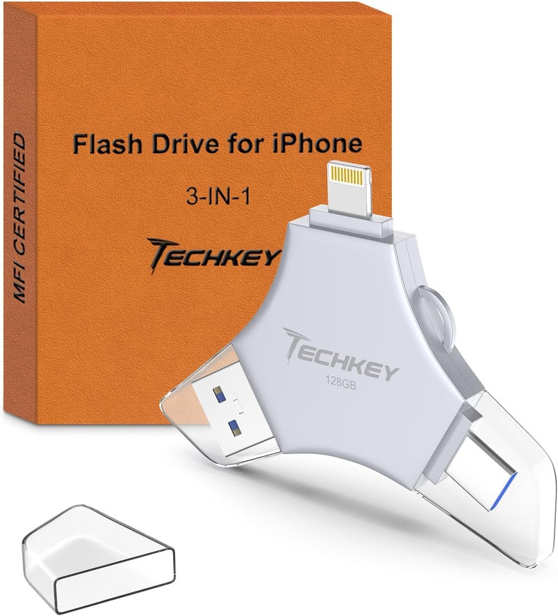 TECHKEY MFi Certified USB 3.0 Flash Drive 128GB for iPhone, 3in1 External Memory Photo Keeper Storage Stick for Picture/Video/Data Saver/Backup, High Speed Thumb/Jump/Hard Drives for iPhone/iPad/Android/PC - Image 1